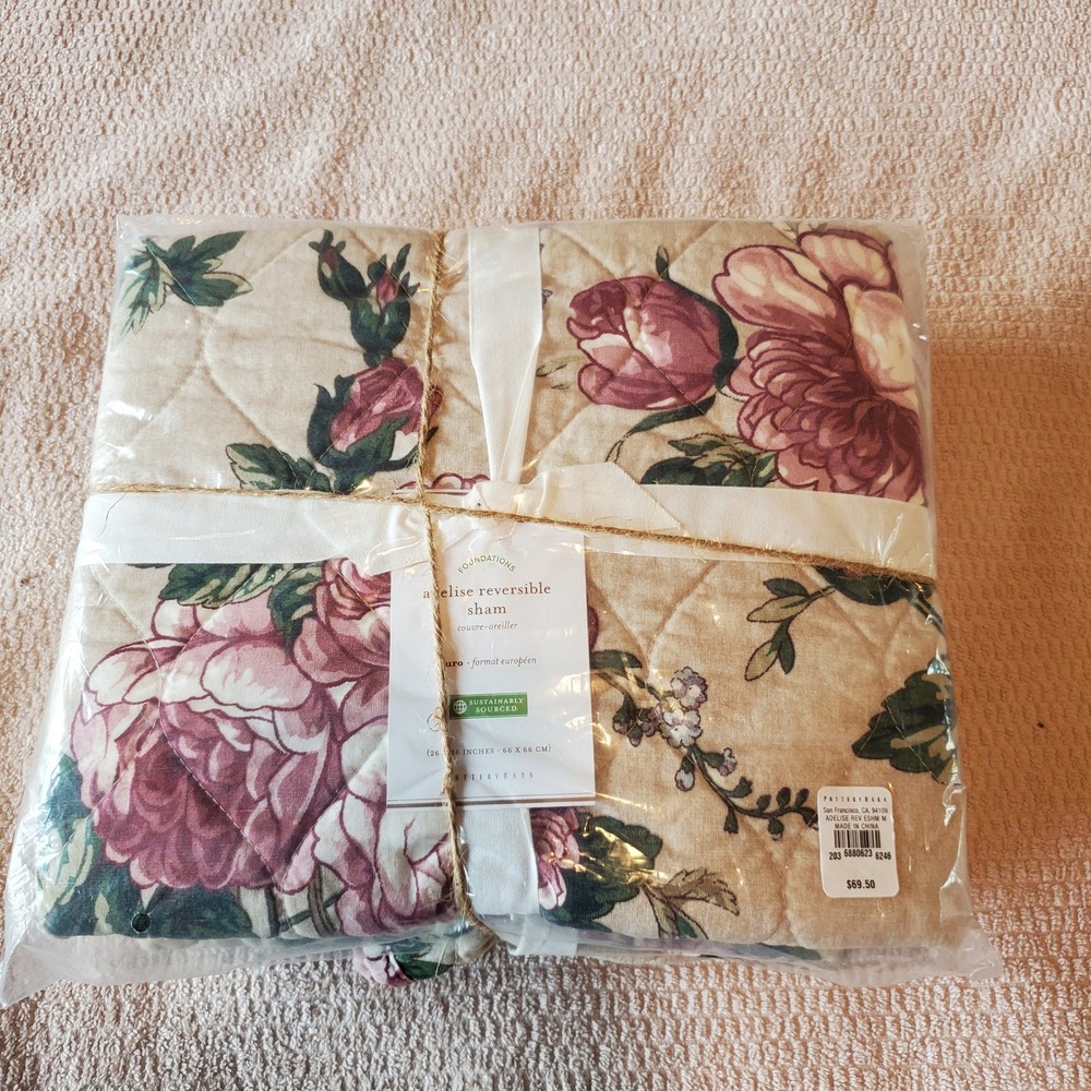 Potterybarn Adelise Reversible Euro Sham Set of 2 Floral Rose Cotton Linen NEW - Picture 7 of 7